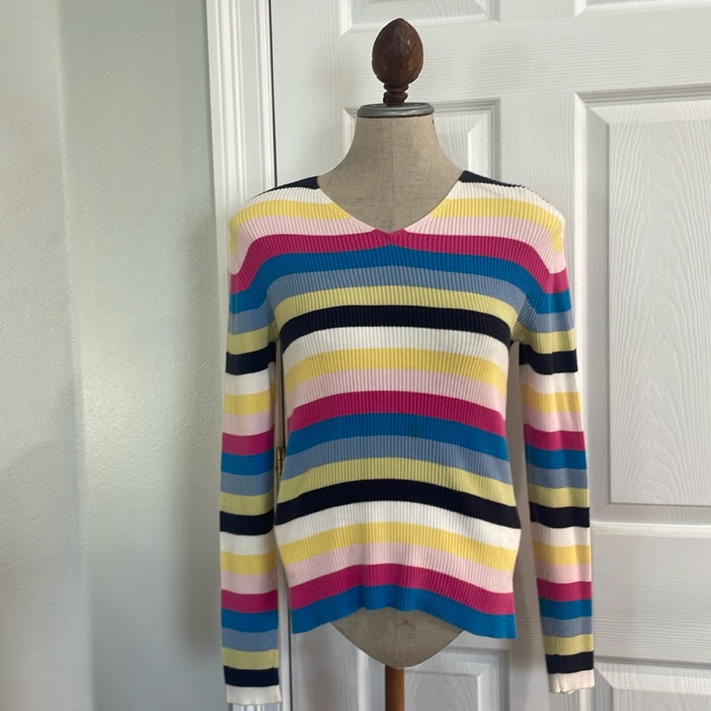Vintage Y2K striped long sleeve sweater V-neck 100% cotton V-neck size M - Picture 1 of 9